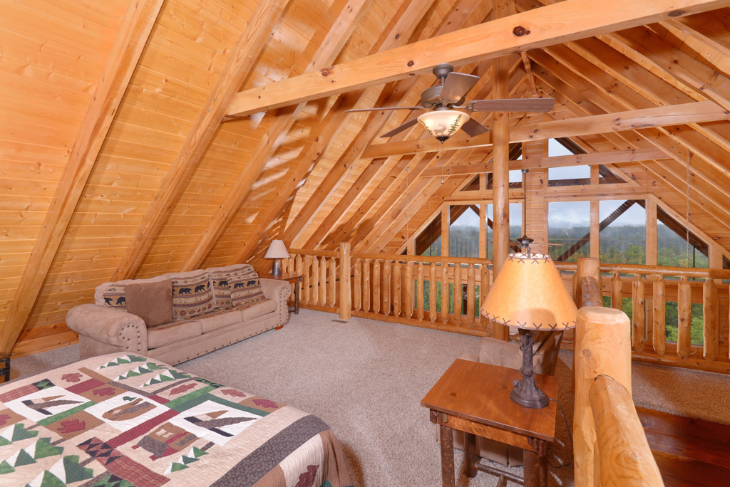 Tennessee Vacation Cabin Rental Loft Bedroom Area with a Mountain View